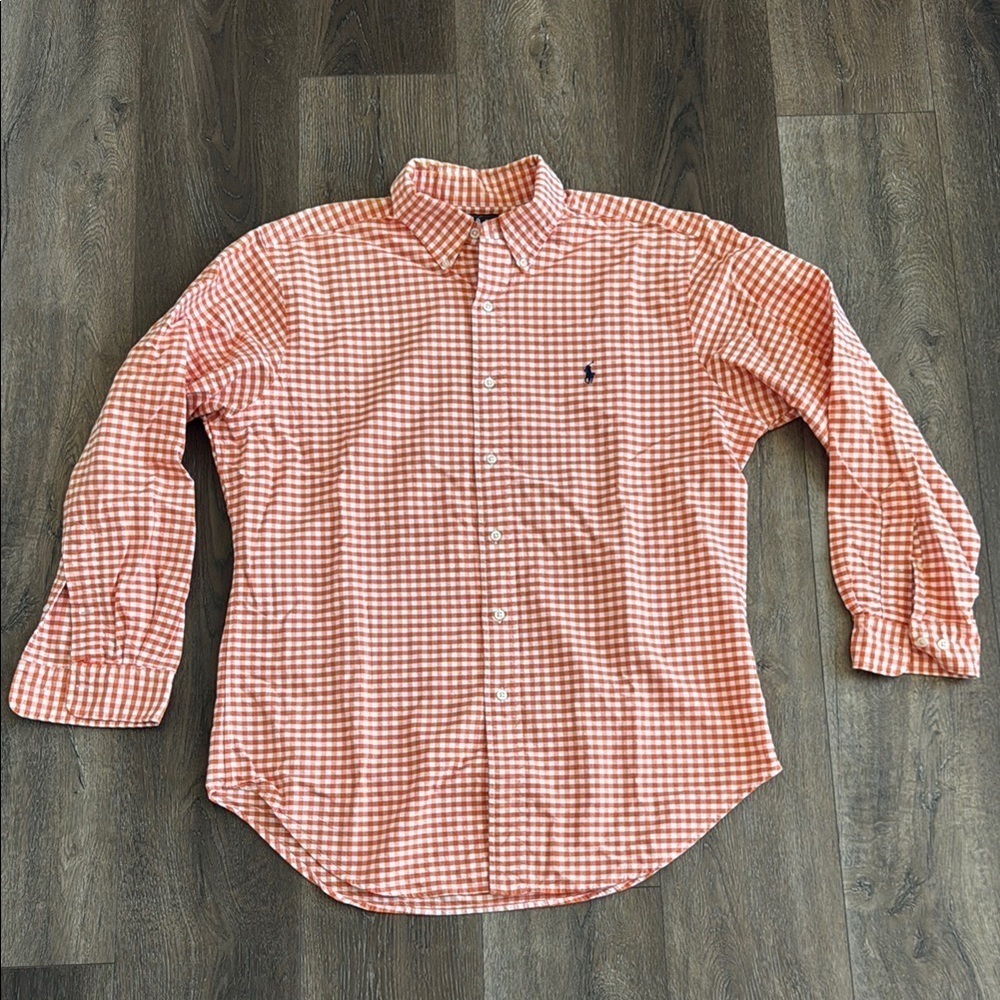 Ralph Lauren Button Up Shirt.  Orange and white check.  Men’s size 16, 32/33.